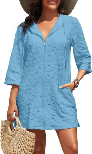 Yonique Terry Cloth Cover Up - Long Sleeve Cover Swimsuit Hooded Zipper Beach Cover-up with Pockets