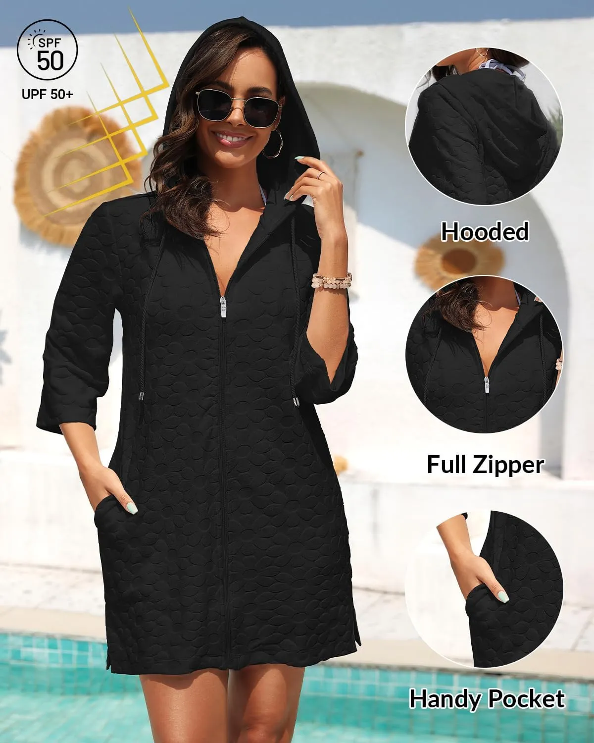 Yonique Terry Cloth Cover Up - Long Sleeve Cover Swimsuit Hooded Zipper Beach Cover-up with Pockets