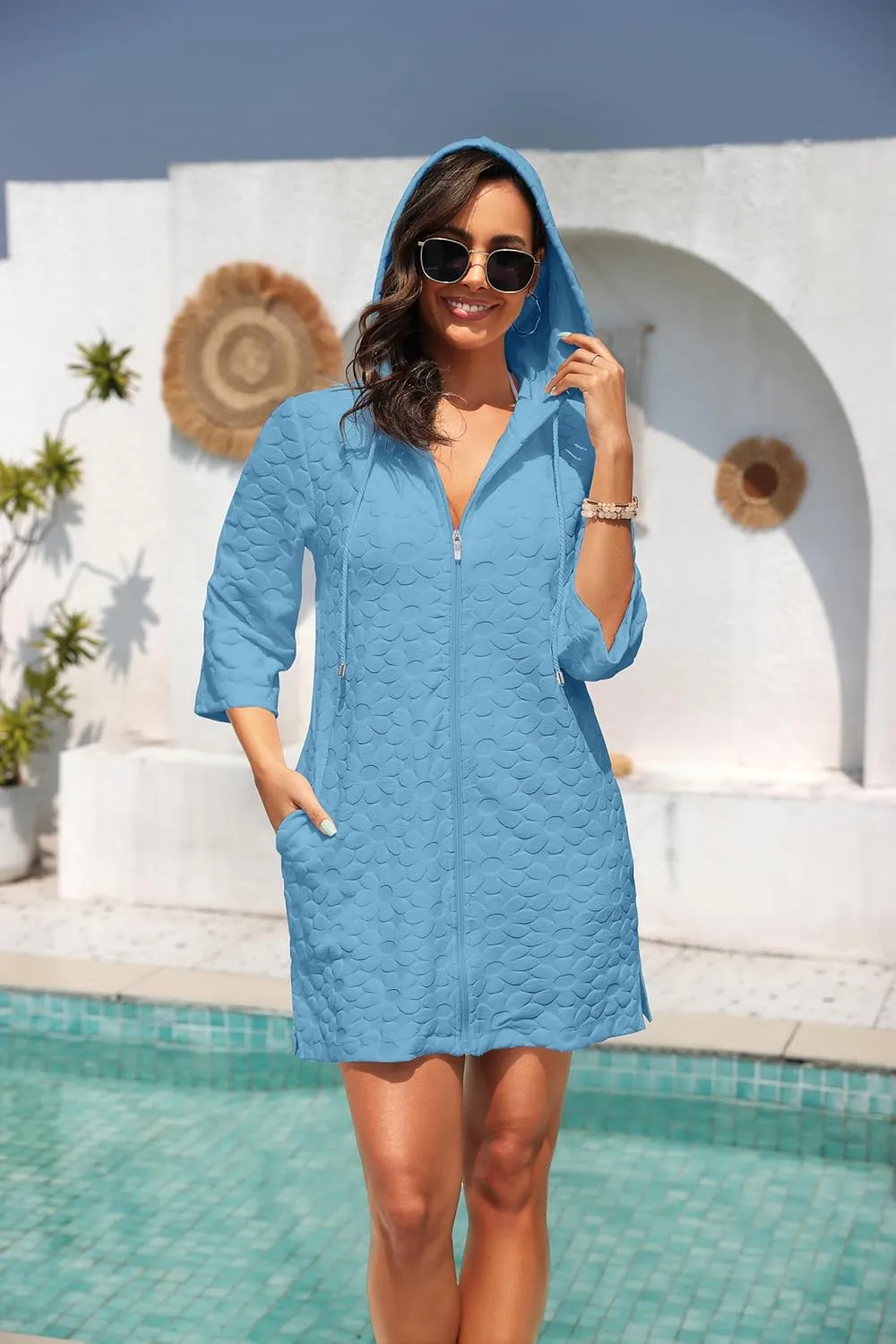 Yonique Terry Cloth Cover Up - Long Sleeve Cover Swimsuit Hooded Zipper Beach Cover-up with Pockets