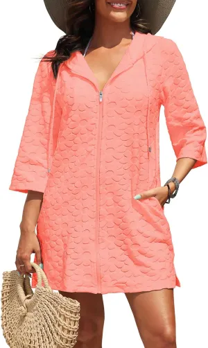 Yonique Terry Cloth Cover Up - Long Sleeve Cover Swimsuit Hooded Zipper Beach Cover-up with Pockets