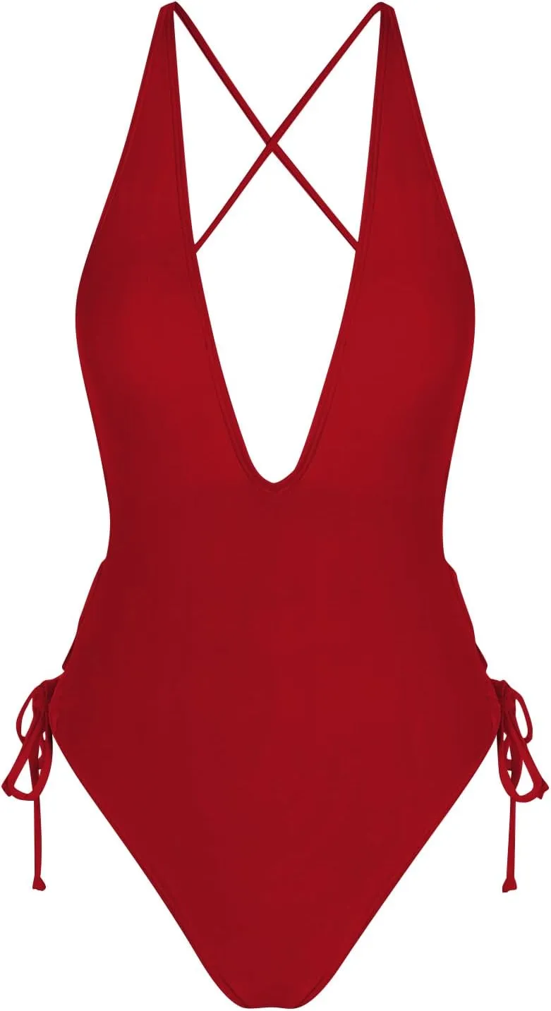 ZAFUL Women Plunging One Piece Swimsuit Backless Cross Tie High Cut Thong One-Piece Bathing Suit