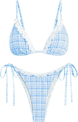 ZAFUL Women's Triangle Bikini Lace Frilled Ruffles Gingham Print Tie Side Spaghetti Strap 2 Pieces Bikini Swimsuit