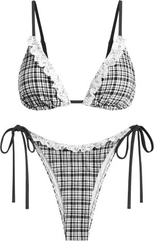 ZAFUL Women's Triangle Bikini Lace Frilled Ruffles Gingham Print Tie Side Spaghetti Strap 2 Pieces Bikini Swimsuit
