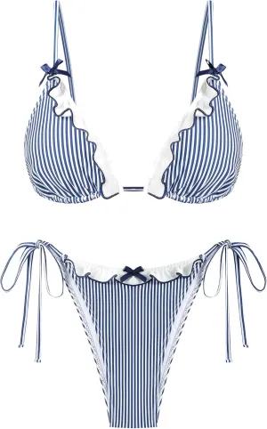 ZAFUL Women's Triangle Bikini Lace Frilled Ruffles Gingham Print Tie Side Spaghetti Strap 2 Pieces Bikini Swimsuit