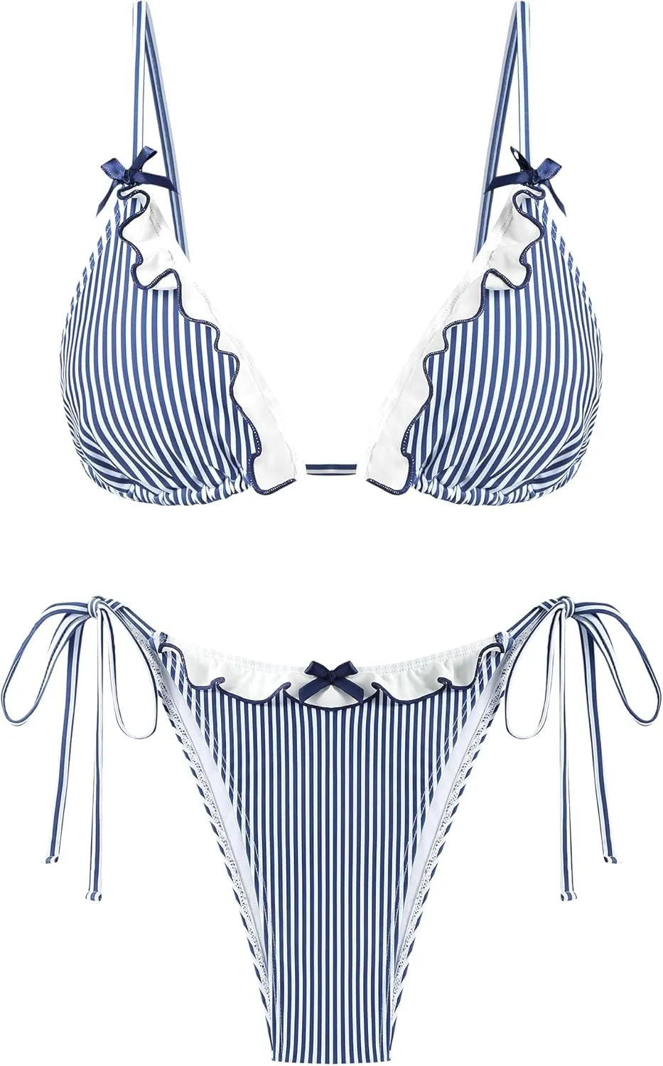 ZAFUL Women's Triangle Bikini Lace Frilled Ruffles Gingham Print Tie Side Spaghetti Strap 2 Pieces Bikini Swimsuit