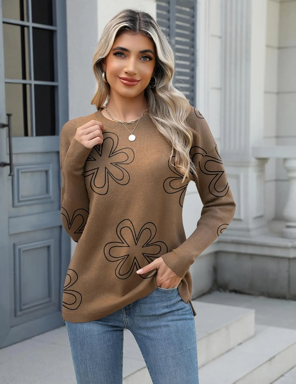 Zeagoo Women's 2025 Fall Sweaters Casual Long Sleeve Crew Neck Ribbed Knit Side Slit Pullover Sweater