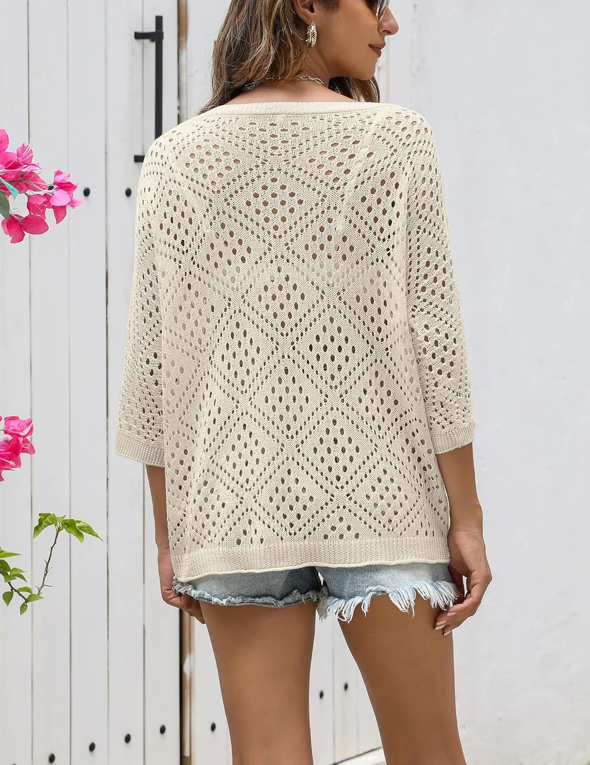 Zeagoo Women's 2025 Spring Summer Crochet Top Hollow Out 3/4 Sleeve Sweater Off Shoulder Beach Knit Coverup
