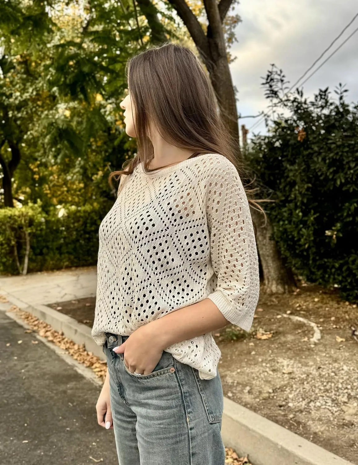Zeagoo Women's 2025 Spring Summer Crochet Top Hollow Out 3/4 Sleeve Sweater Off Shoulder Beach Knit Coverup