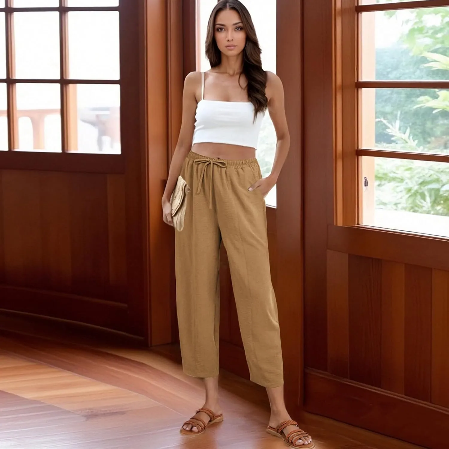 ZEFOTIM Womens Wide Leg Dress Pants Drawstring High Waisted Trousers Solid Color Dress Pants with Pocket