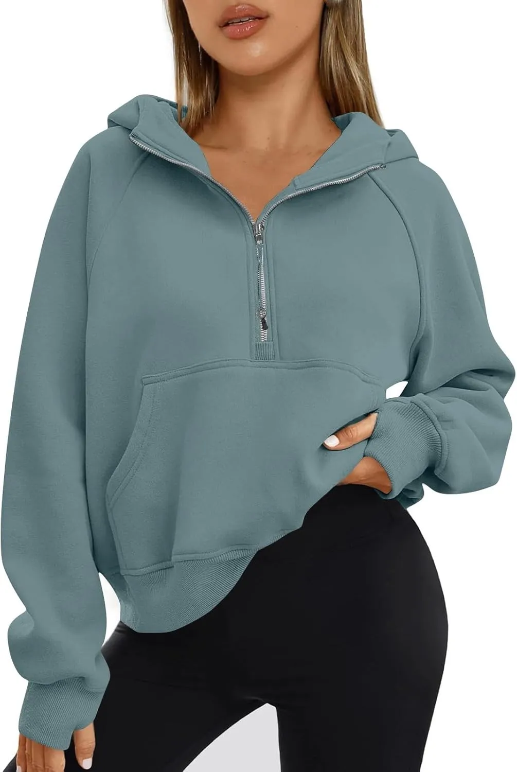 Zip Up Hoodie Women Fall Winter Sweatshirt Drop Shoulder Half Zip Pullover Sweaters Long Sleeve Tops With Pocket
