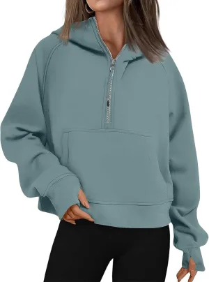 Zip Up Hoodie Women Fall Winter Sweatshirt Drop Shoulder Half Zip Pullover Sweaters Long Sleeve Tops With Pocket