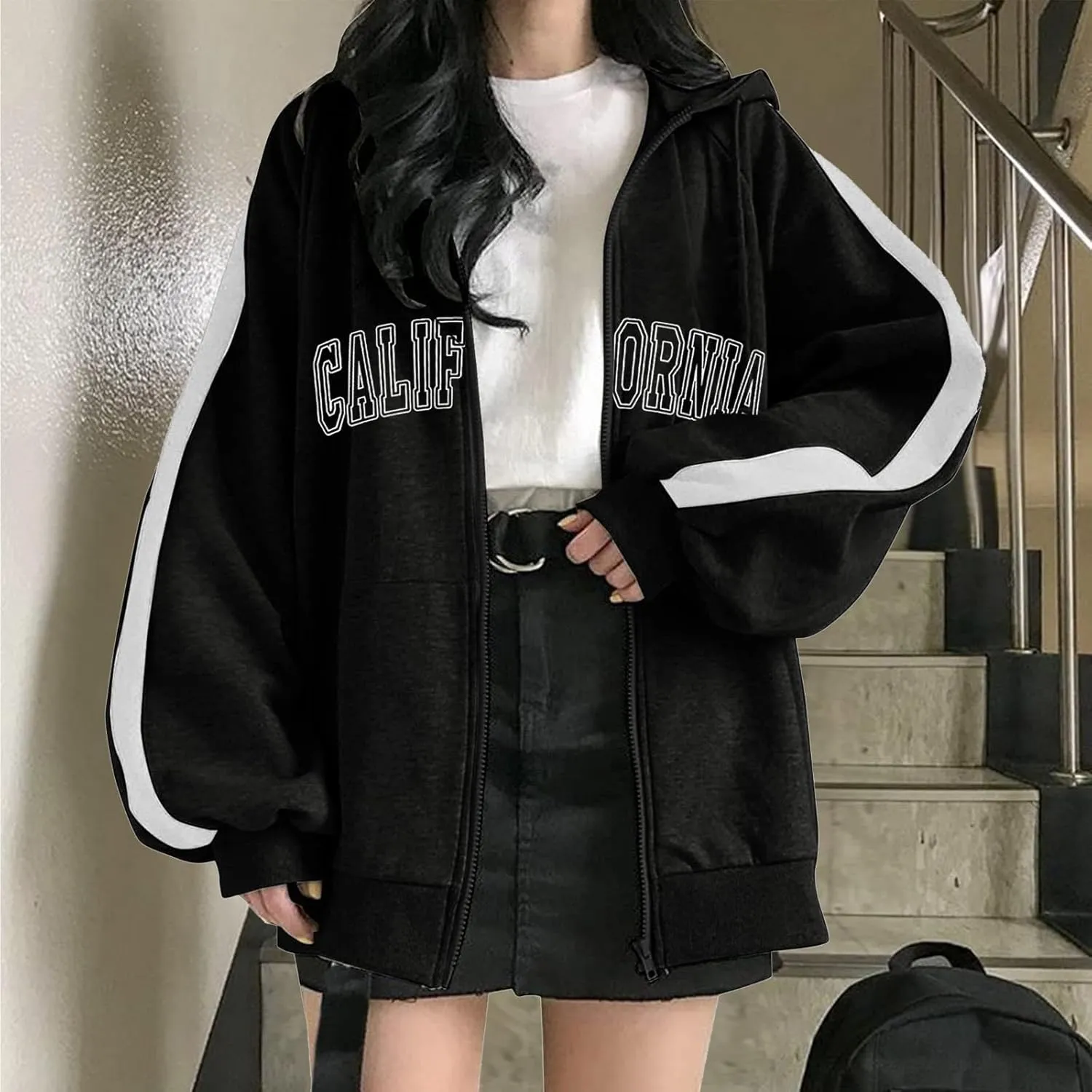 Zip Up Oversized Striped Hoodies for Women 2024 Letter Print Ladies with Hood Jackets Trendy Loose Fit California Y2K