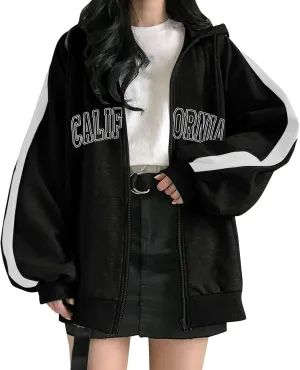 Zip Up Oversized Striped Hoodies for Women 2024 Letter Print Ladies with Hood Jackets Trendy Loose Fit California Y2K