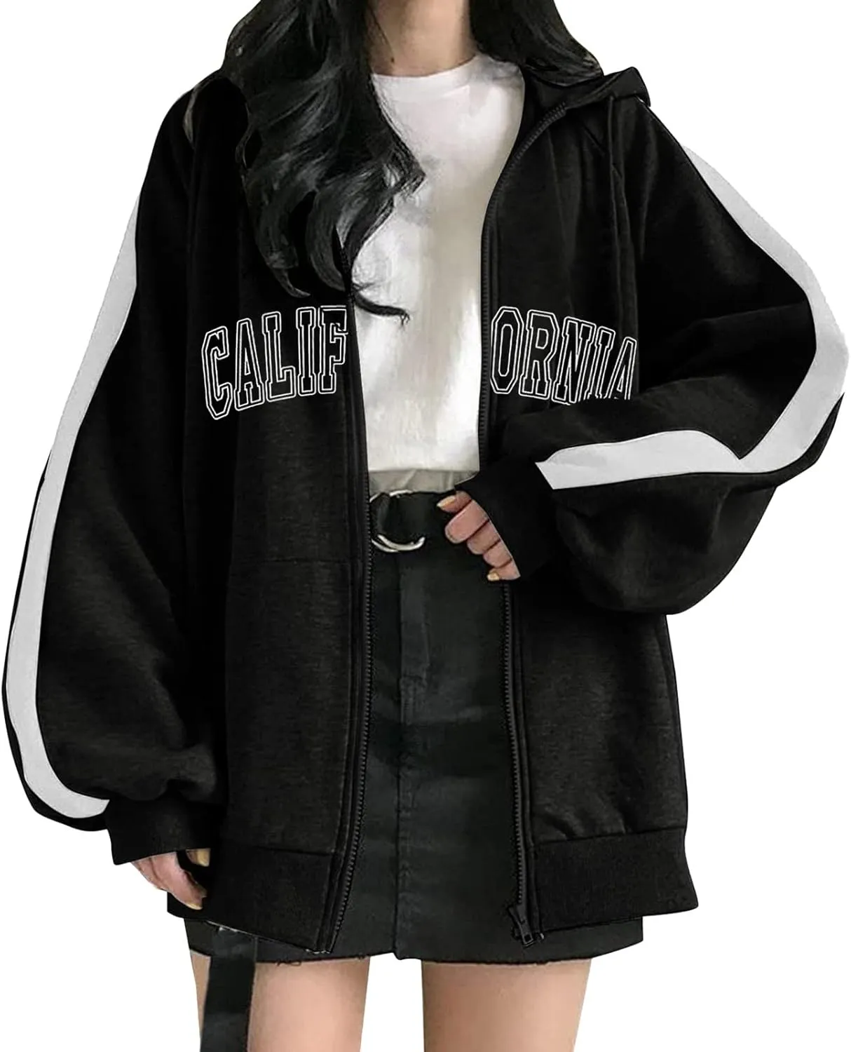 Zip Up Oversized Striped Hoodies for Women 2024 Letter Print Ladies with Hood Jackets Trendy Loose Fit California Y2K