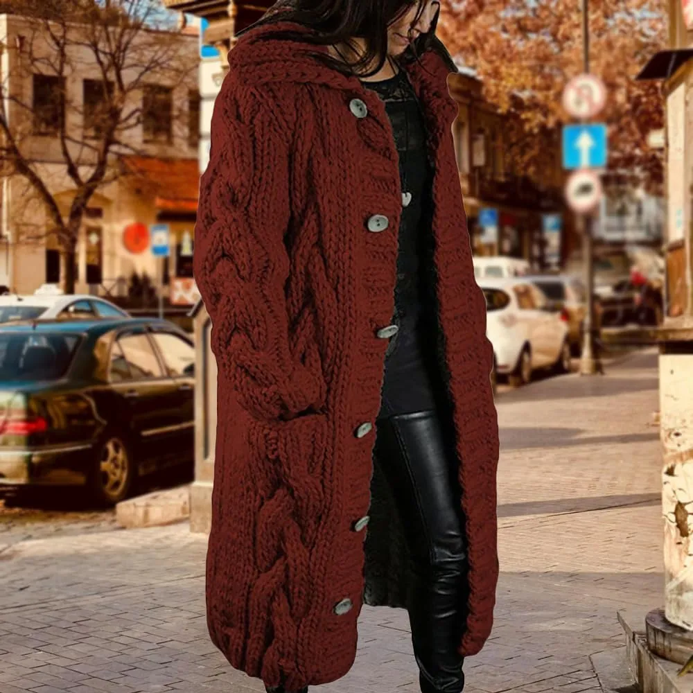 ZOCAVIA Womens Lapel Button Long Cardigan Sweaters Plus Size Cable Knit Long Sleeve Open Front Sweater Coats with Pockets