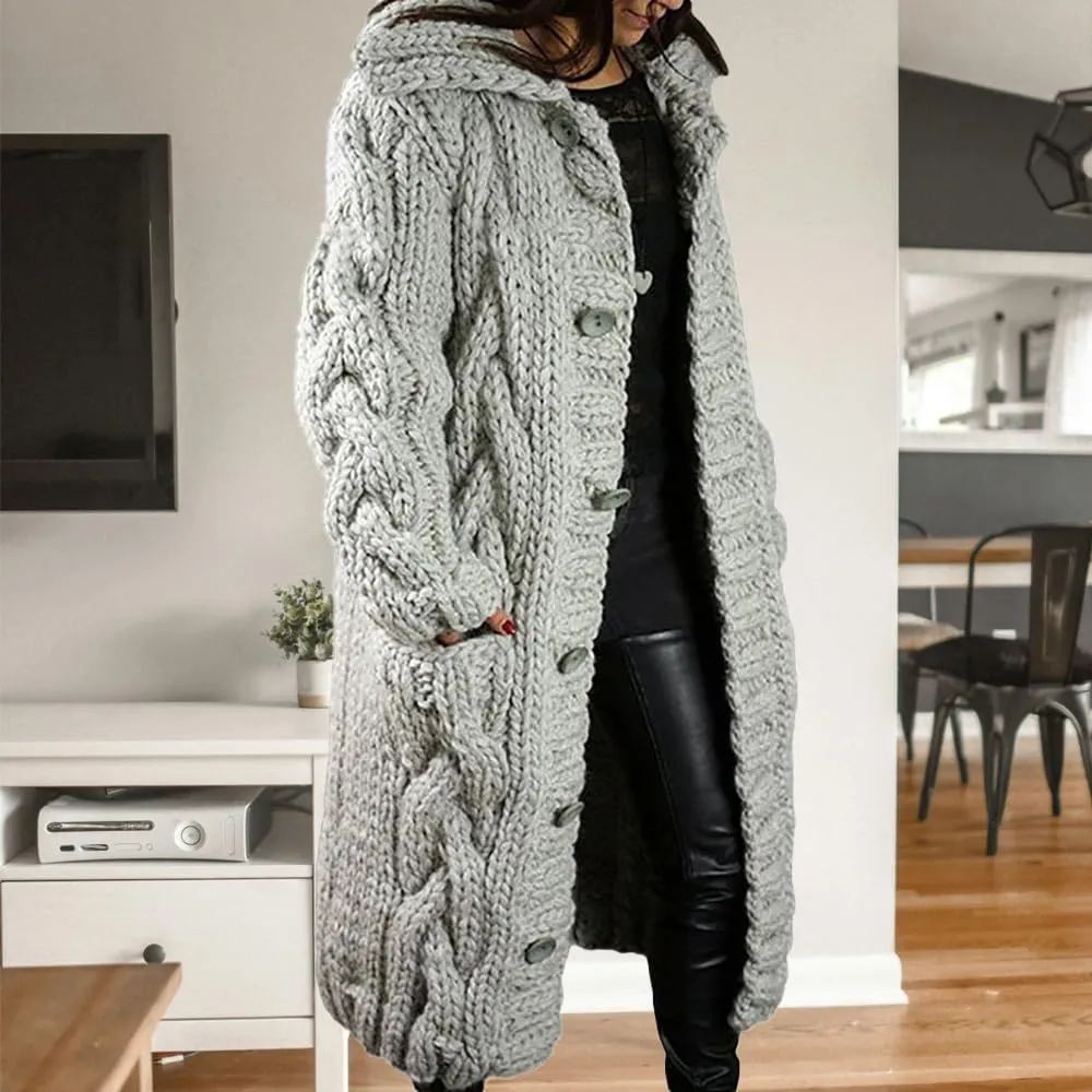 ZOCAVIA Womens Lapel Button Long Cardigan Sweaters Plus Size Cable Knit Long Sleeve Open Front Sweater Coats with Pockets