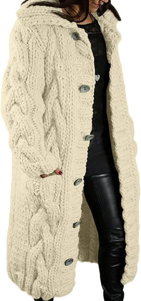 ZOCAVIA Womens Lapel Button Long Cardigan Sweaters Plus Size Cable Knit Long Sleeve Open Front Sweater Coats with Pockets