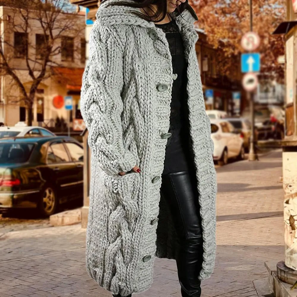 ZOCAVIA Womens Lapel Button Long Cardigan Sweaters Plus Size Cable Knit Long Sleeve Open Front Sweater Coats with Pockets