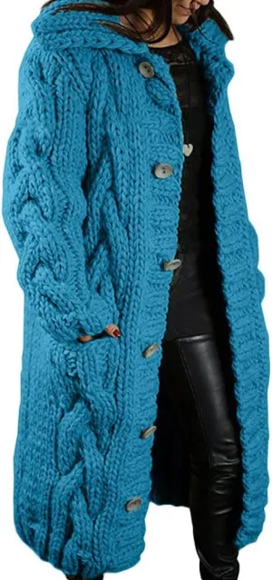 ZOCAVIA Womens Lapel Button Long Cardigan Sweaters Plus Size Cable Knit Long Sleeve Open Front Sweater Coats with Pockets