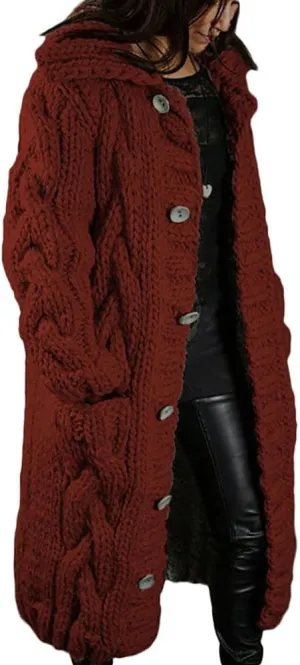 ZOCAVIA Womens Lapel Button Long Cardigan Sweaters Plus Size Cable Knit Long Sleeve Open Front Sweater Coats with Pockets