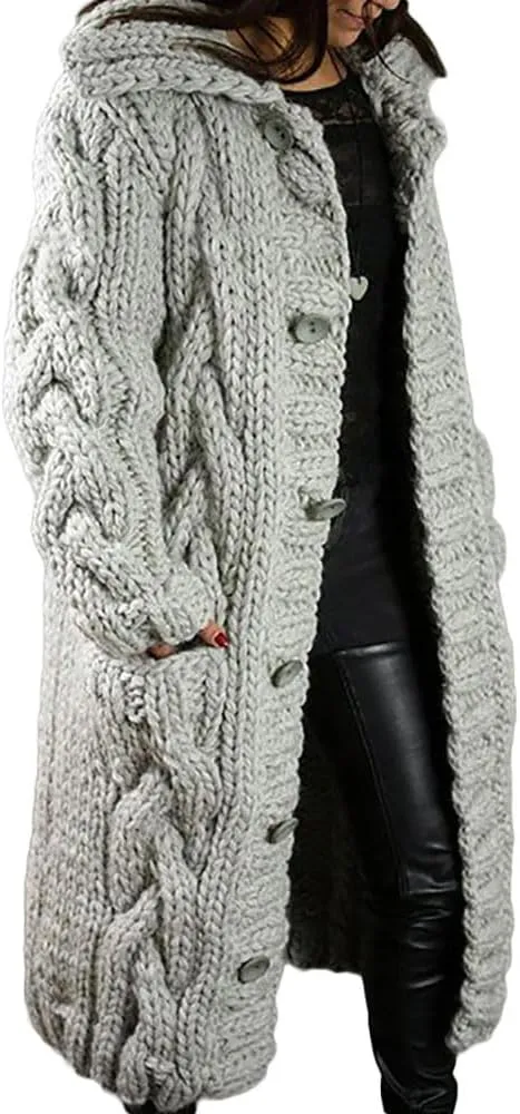 ZOCAVIA Womens Lapel Button Long Cardigan Sweaters Plus Size Cable Knit Long Sleeve Open Front Sweater Coats with Pockets