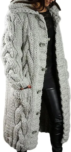 ZOCAVIA Womens Lapel Button Long Cardigan Sweaters Plus Size Cable Knit Long Sleeve Open Front Sweater Coats with Pockets