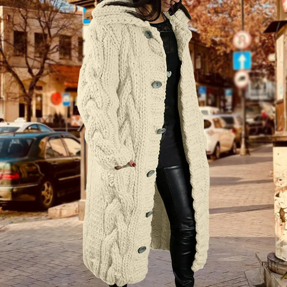 ZOCAVIA Womens Lapel Button Long Cardigan Sweaters Plus Size Cable Knit Long Sleeve Open Front Sweater Coats with Pockets