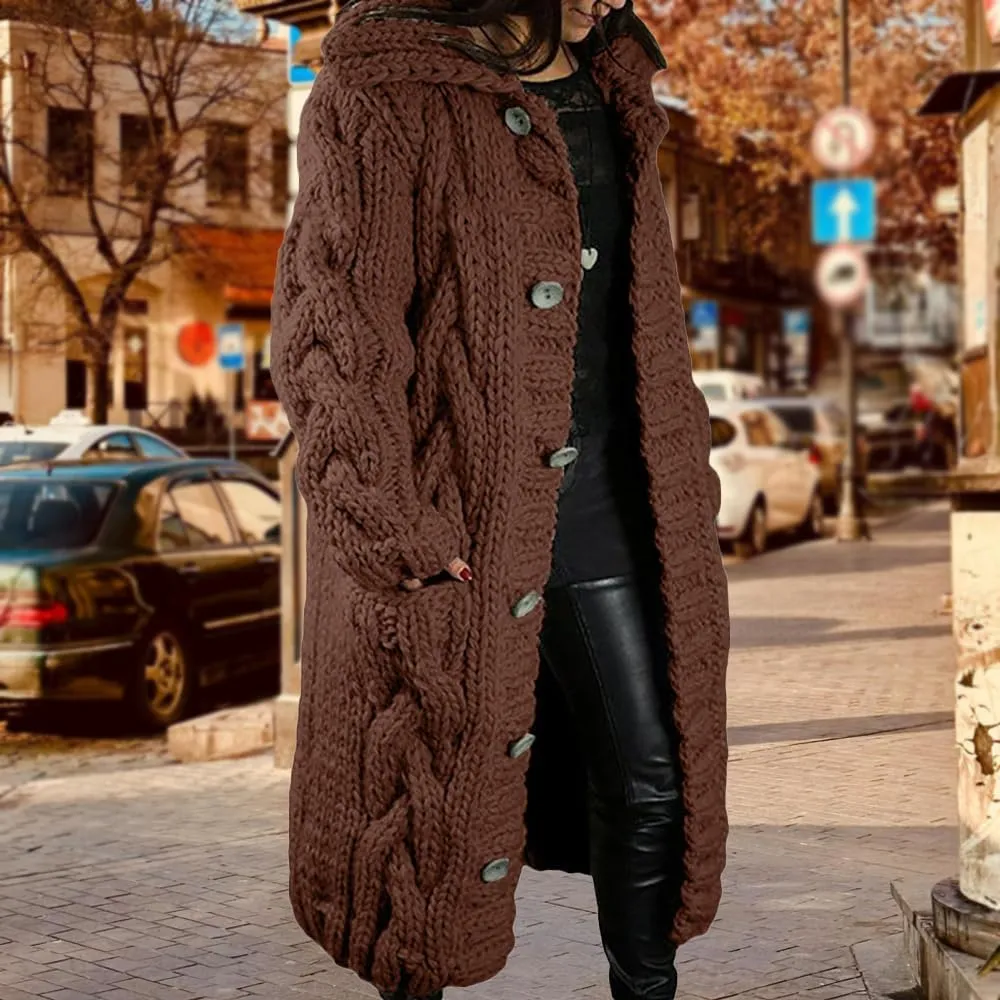 ZOCAVIA Womens Lapel Button Long Cardigan Sweaters Plus Size Cable Knit Long Sleeve Open Front Sweater Coats with Pockets