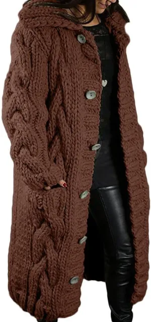 ZOCAVIA Womens Lapel Button Long Cardigan Sweaters Plus Size Cable Knit Long Sleeve Open Front Sweater Coats with Pockets
